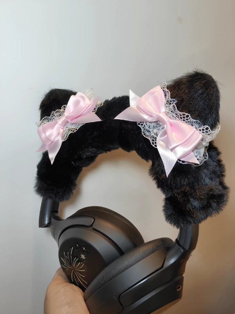 Black Plush Cat Ear Headphone Cover with Pink Bows & Lace