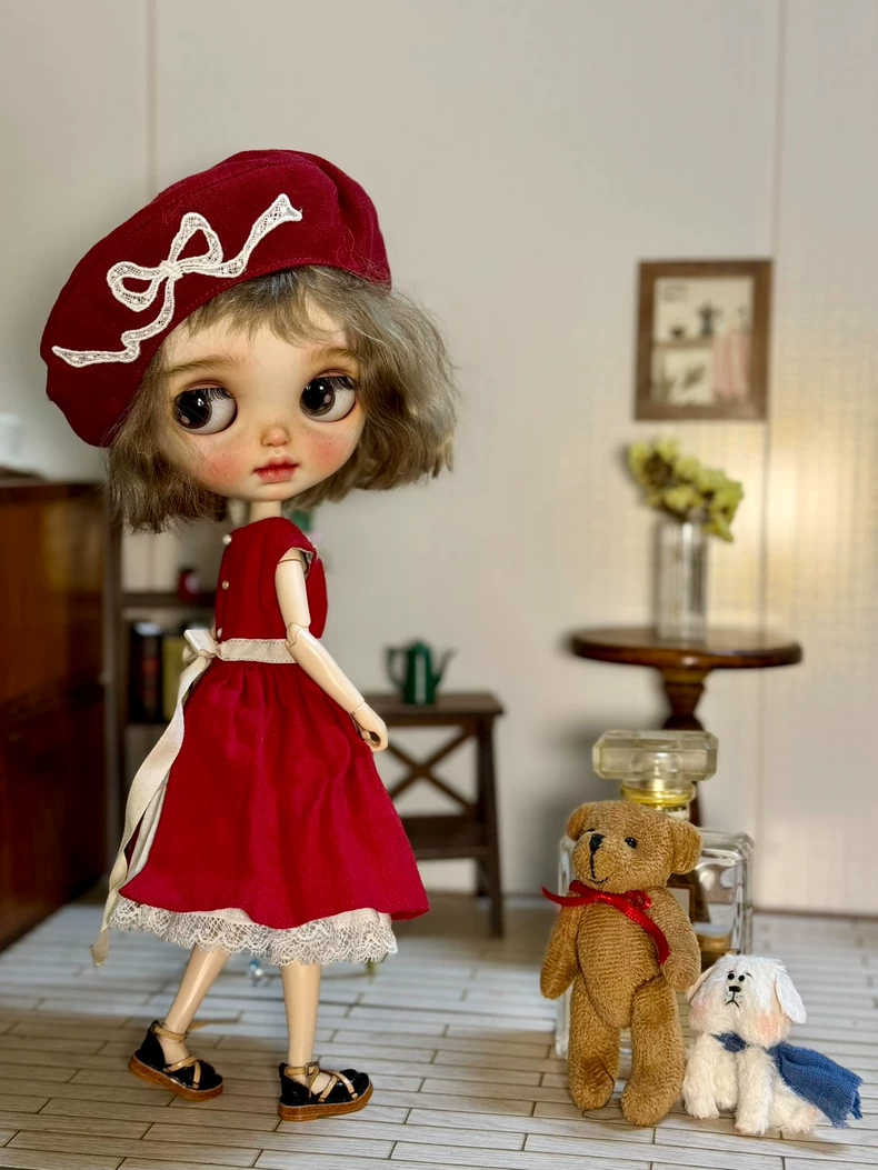 Vintage Christmas BLYTHE Doll Outfit – Elegant Red Dress with Hat & Accessories - Image 2