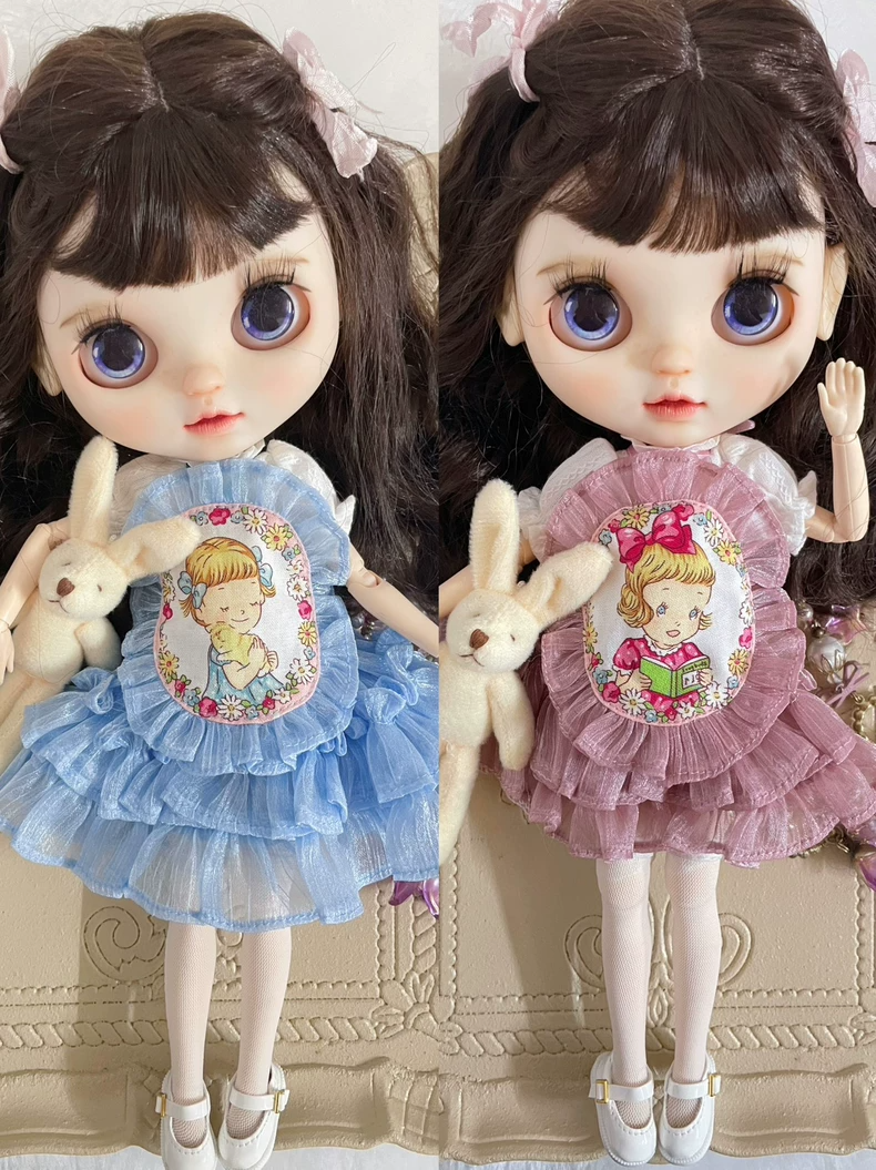 Vintage-Inspired Blythe Doll Outfit Set - Pastel Blue & Pink BJD Ensemble with Ruffles & Floral Details for Collectors - Image 1