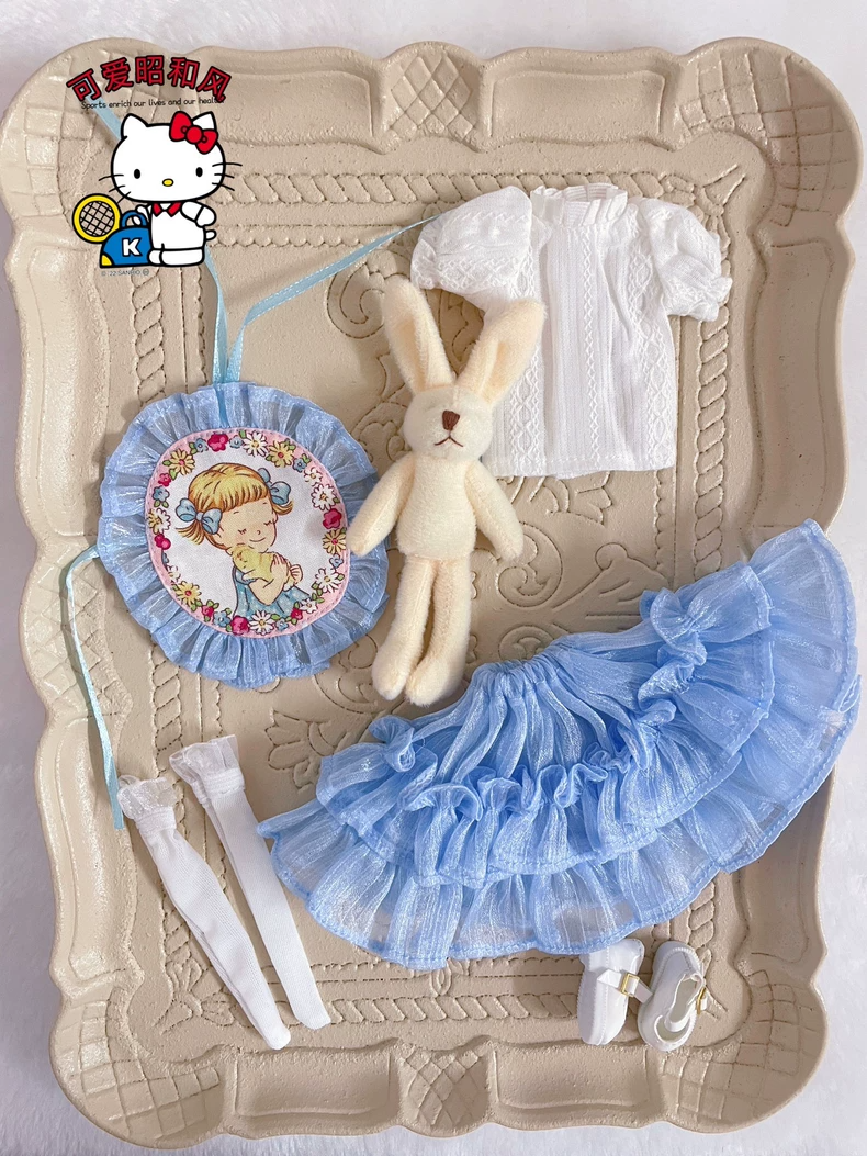 Vintage-Inspired Blythe Doll Outfit Set - Pastel Blue & Pink BJD Ensemble with Ruffles & Floral Details for Collectors - Image 2