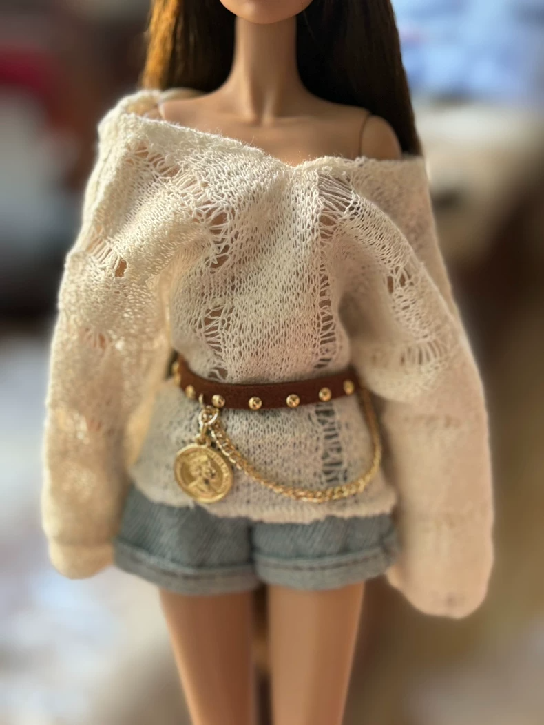 Blythe Doll Outfit Set: Cozy Knit Sweater, Denim Shorts, Belt & Lace Socks for Barbie Mezco Dream - Image 3