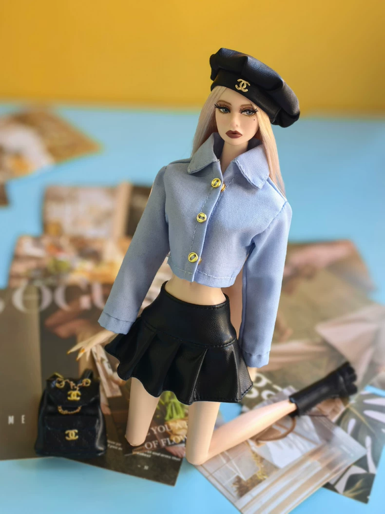 Chic 5-Piece BJD 1/6 Outfit: Matte Leather Jacket & Pleated Skirt Set in Black/Blue with Gold Accents - Image 2