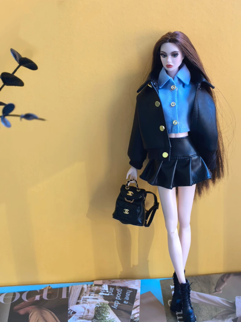 Chic 5-Piece BJD 1/6 Outfit: Matte Leather Jacket & Pleated Skirt Set in Black/Blue with Gold Accents - Image 4