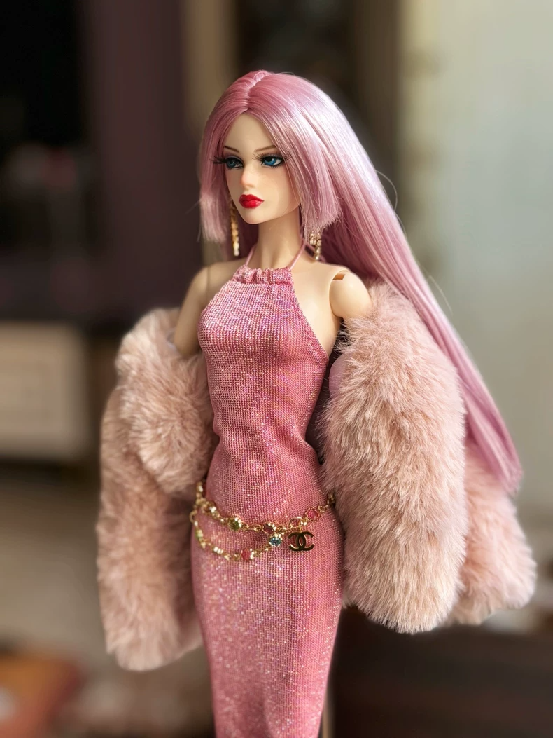 Sparkling Pink Glitter Dress & Fur Coat Set for BJD 1/6 Barbie Dolls | Elegant Collector Outfit - Image 1