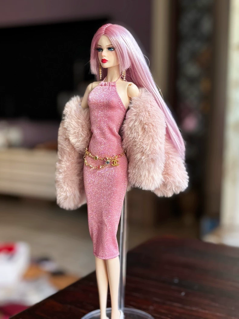 Sparkling Pink Glitter Dress & Fur Coat Set for BJD 1/6 Barbie Dolls | Elegant Collector Outfit - Image 2
