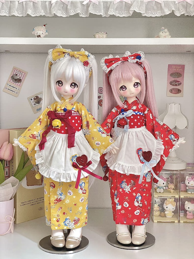 Exquisite 1/4 BJD Kimono Outfit - Vibrant Yellow & Red Traditional Japanese Doll Clothes with Polka Dots & Character Prints - Image 1