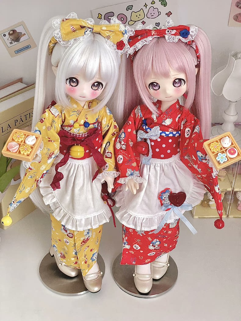 Exquisite 1/4 BJD Kimono Outfit - Vibrant Yellow & Red Traditional Japanese Doll Clothes with Polka Dots & Character Prints - Image 6