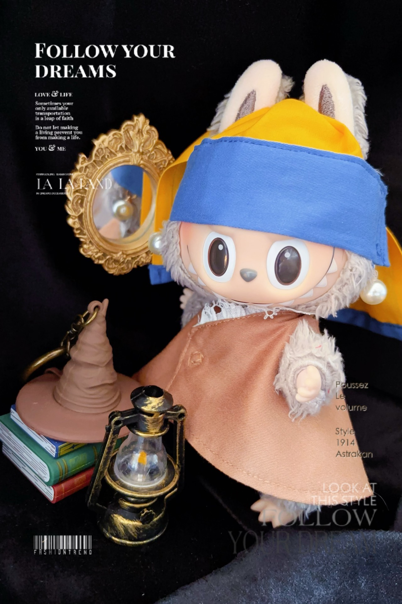 Whimsical LABUBU Doll Outfit: 'Girl with a Pearl Earring' Inspired Yellow & Blue Dress & Hat for Collectors - Image 1