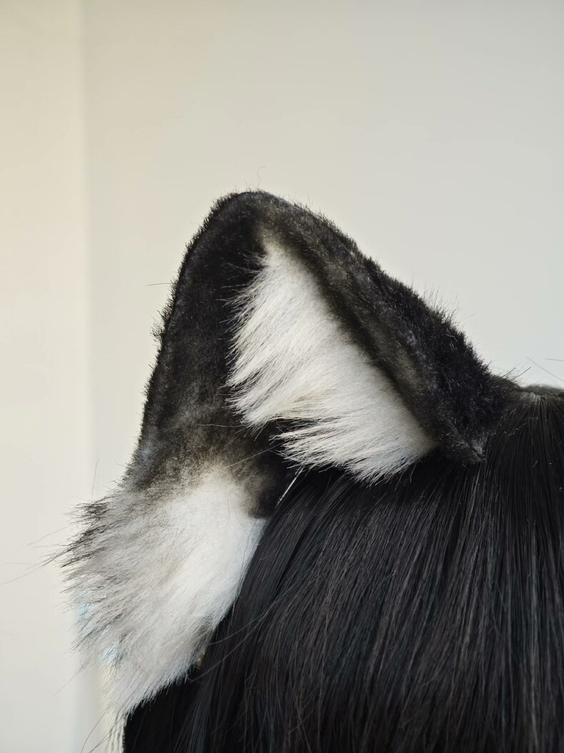 Handmade Plush Cat Ears – Black & White Faux Fur - Image 1