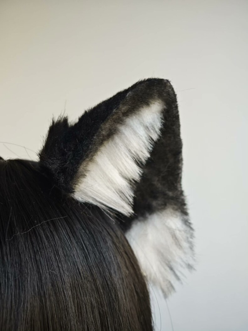 Handmade Plush Cat Ears – Black & White Faux Fur - Image 2