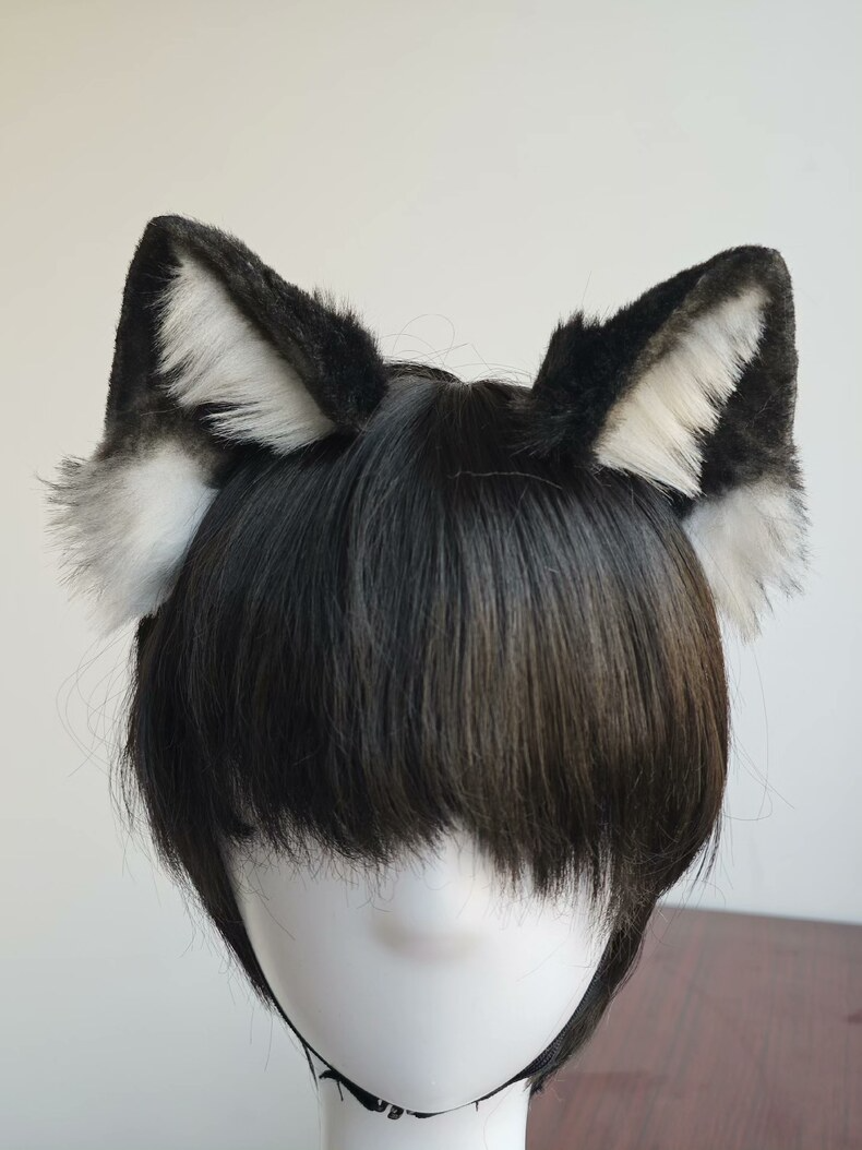 Handmade Plush Cat Ears – Black & White Faux Fur - Image 3