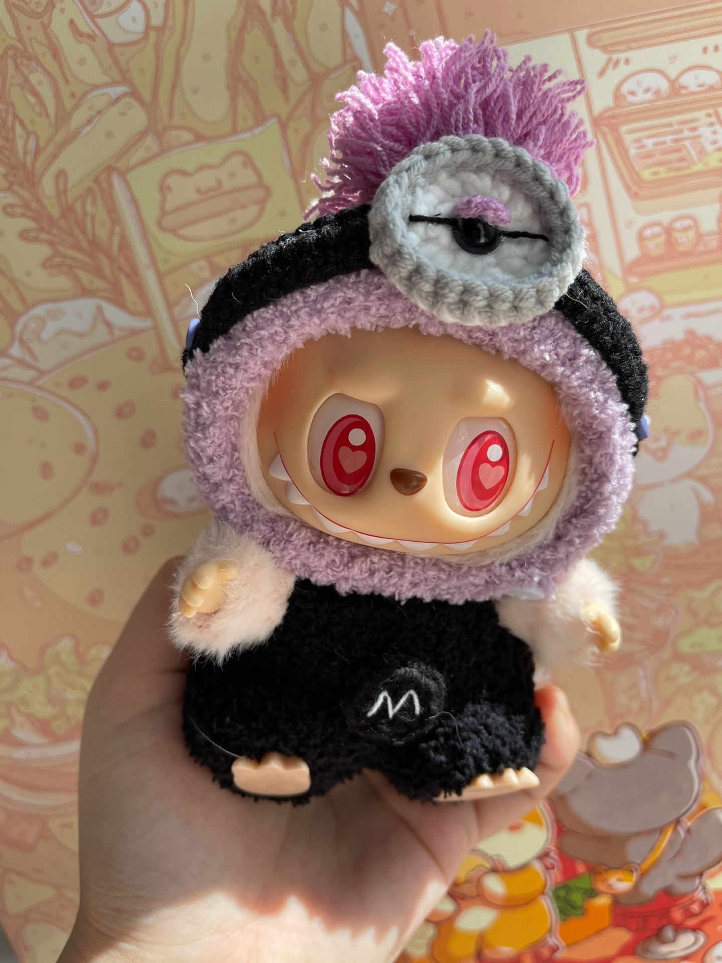 Whimsical Labubu Doll Outfit: Purple & Black Plush Ensemble with Hood & Accessories - Image 1