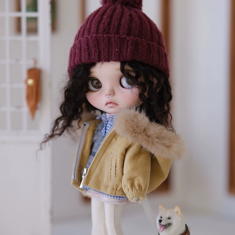 BLYTHE Doll Yellow Corduroy Jacket & Fur Collar Outfit Set w/Knit Hat for ob24 ob22 - Premium Handmade - Image 1