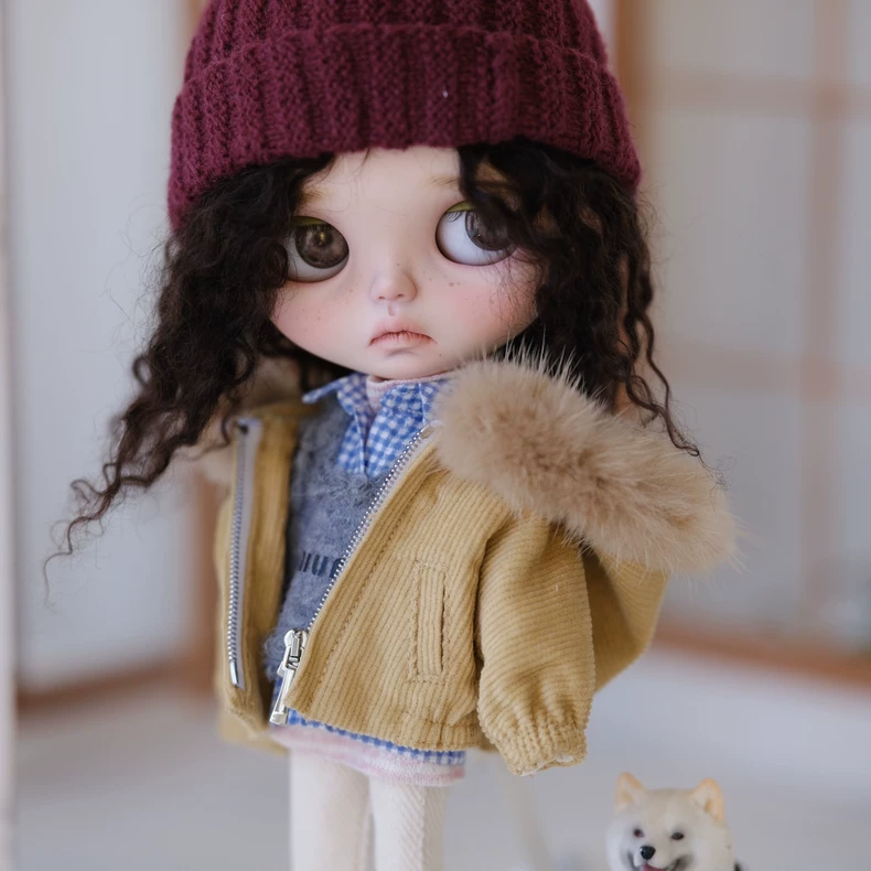 BLYTHE Doll Yellow Corduroy Jacket & Fur Collar Outfit Set w/Knit Hat for ob24 ob22 - Premium Handmade - Image 2