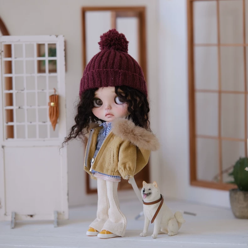 BLYTHE Doll Yellow Corduroy Jacket & Fur Collar Outfit Set w/Knit Hat for ob24 ob22 - Premium Handmade - Image 3