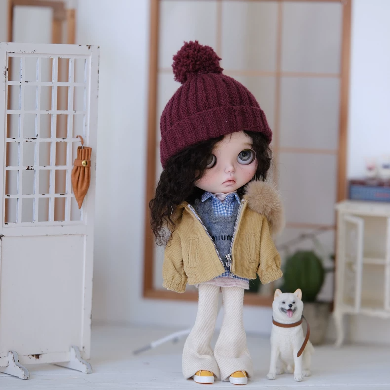 BLYTHE Doll Yellow Corduroy Jacket & Fur Collar Outfit Set w/Knit Hat for ob24 ob22 - Premium Handmade - Image 4
