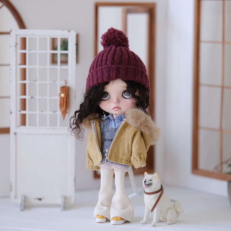 BLYTHE Doll Yellow Corduroy Jacket & Fur Collar Outfit Set w/Knit Hat for ob24 ob22 - Premium Handmade - Image 5