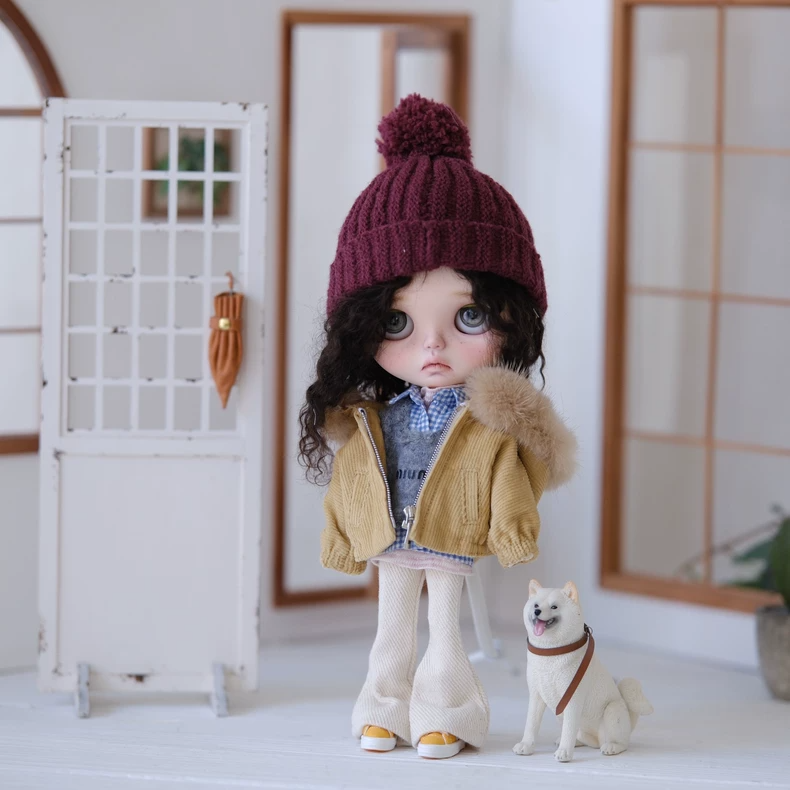 BLYTHE Doll Yellow Corduroy Jacket & Fur Collar Outfit Set w/Knit Hat for ob24 ob22 - Premium Handmade - Image 6