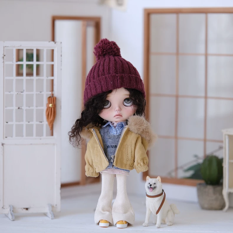 BLYTHE Doll Yellow Corduroy Jacket & Fur Collar Outfit Set w/Knit Hat for ob24 ob22 - Premium Handmade - Image 7