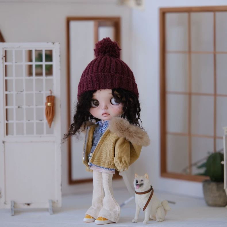 BLYTHE Doll Yellow Corduroy Jacket & Fur Collar Outfit Set w/Knit Hat for ob24 ob22 - Premium Handmade - Image 8