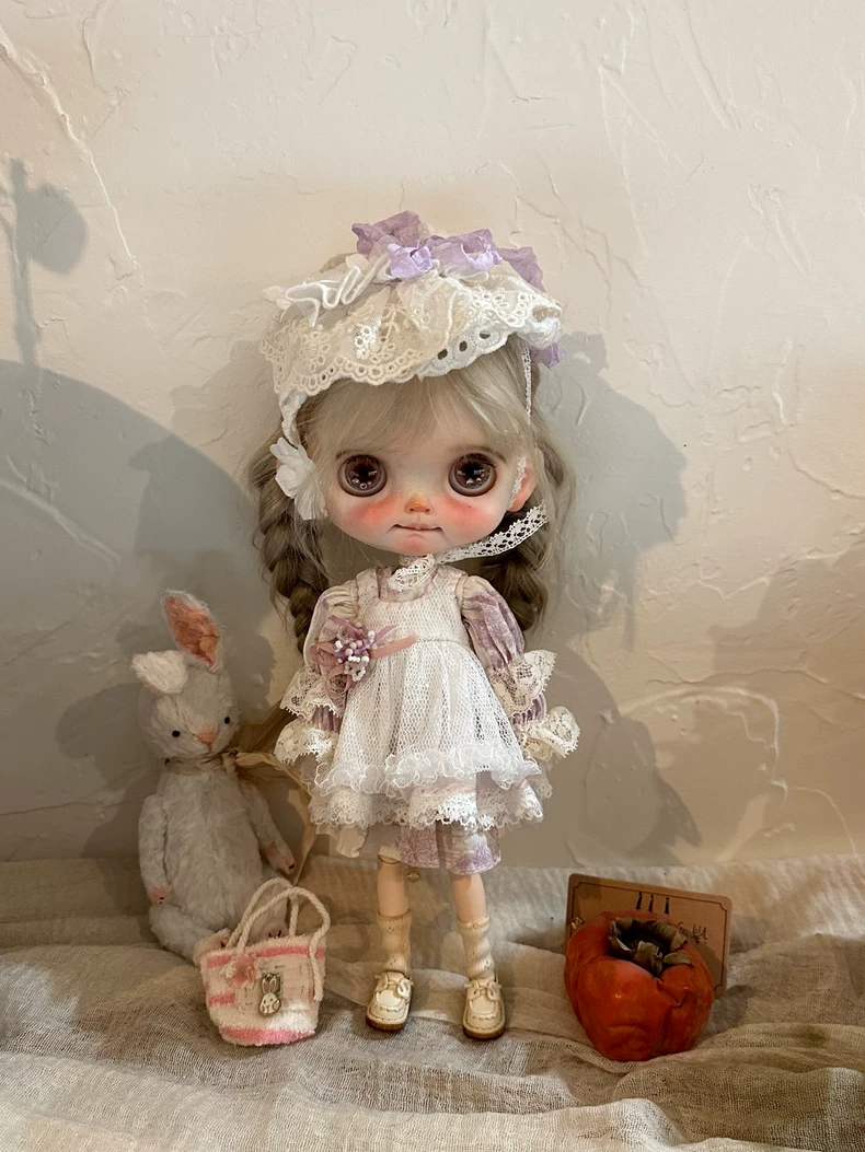 Vintage BLYTHE Doll Outfit with Lace Headband Bunny Purse Pastel Dress Collectible Fashion Set for Tea Parties & Photo Shoots - Image 1