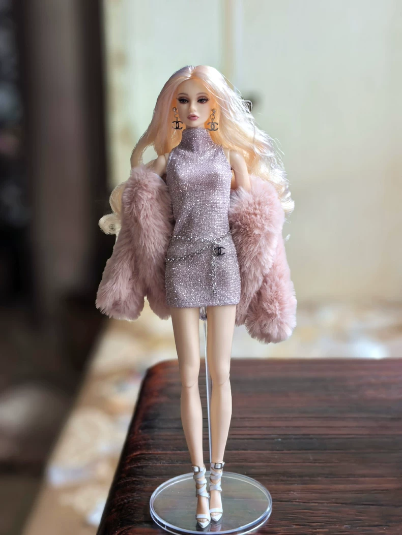 Luxury Pink & Silver BJD Doll Outfit: Glitter Dress, Fur Coat & Elegant Accessories for 1/6 Dolls - Image 2