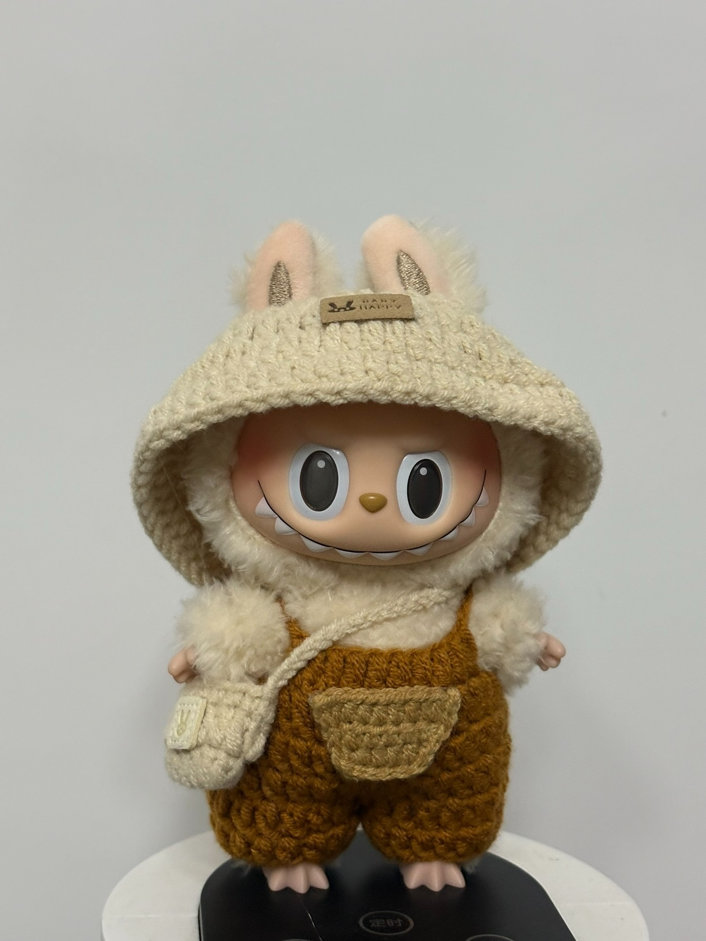 Whimsical LABUBU Bunny Outfit – Cozy Knit Hood & Orange Overalls for Playful Adventures - Image 1