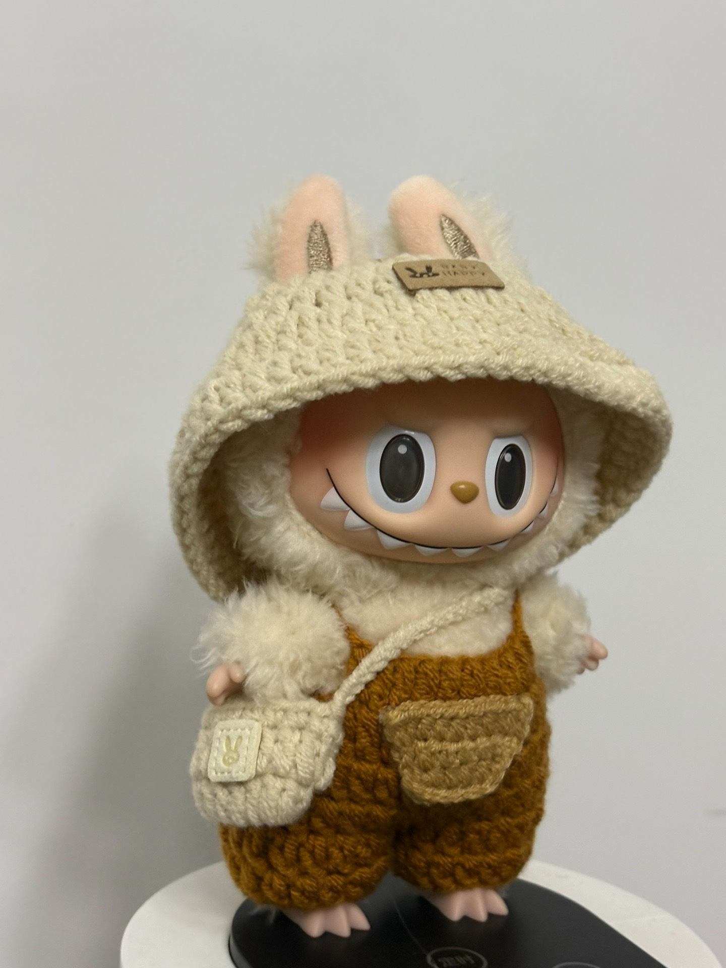 Whimsical LABUBU Bunny Outfit – Cozy Knit Hood & Orange Overalls for Playful Adventures - Image 2