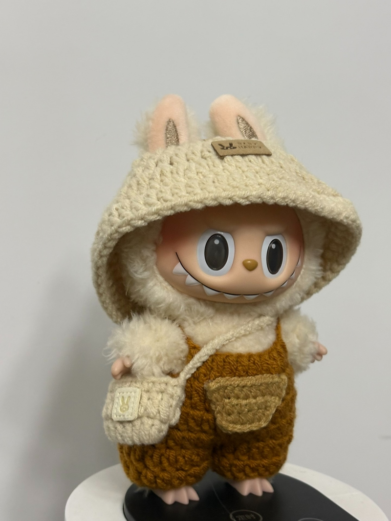 Whimsical LABUBU Bunny Outfit – Cozy Knit Hood & Orange Overalls for Playful Adventures - Image 2
