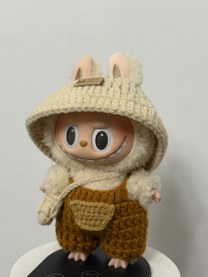 Whimsical LABUBU Bunny Outfit – Cozy Knit Hood & Orange Overalls for Playful Adventures - Image 3