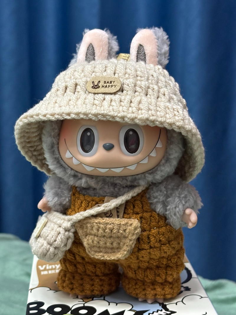 Whimsical LABUBU Bunny Outfit – Cozy Knit Hood & Orange Overalls for Playful Adventures - Image 4