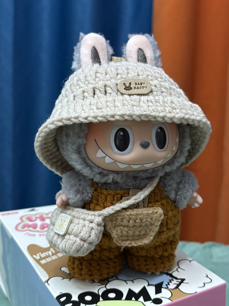 Whimsical LABUBU Bunny Outfit – Cozy Knit Hood & Orange Overalls for Playful Adventures - Image 5
