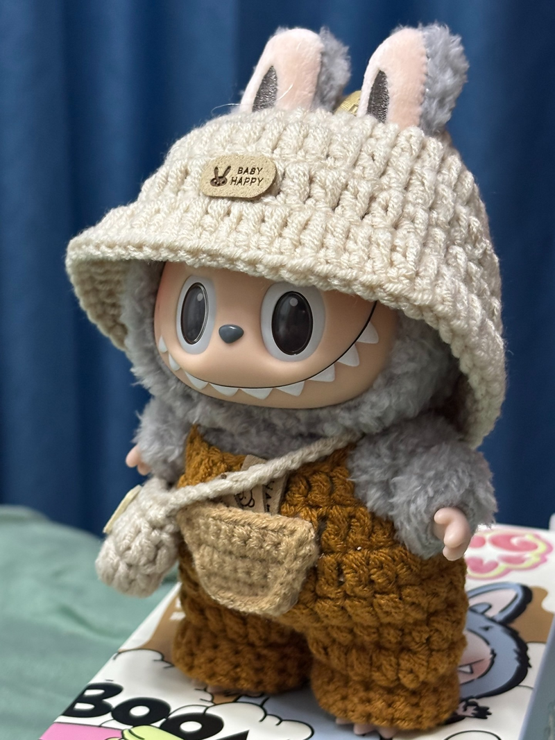 Whimsical LABUBU Bunny Outfit – Cozy Knit Hood & Orange Overalls for Playful Adventures - Image 6
