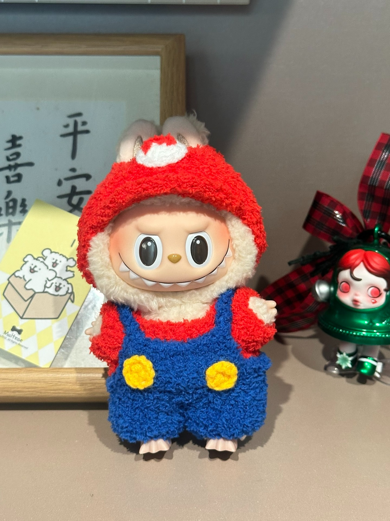 Handmade Labubu Super Mario Outfit – Vibrant Red Hat, Blue Overalls & Plush Design for Collectors & Play - Image 1