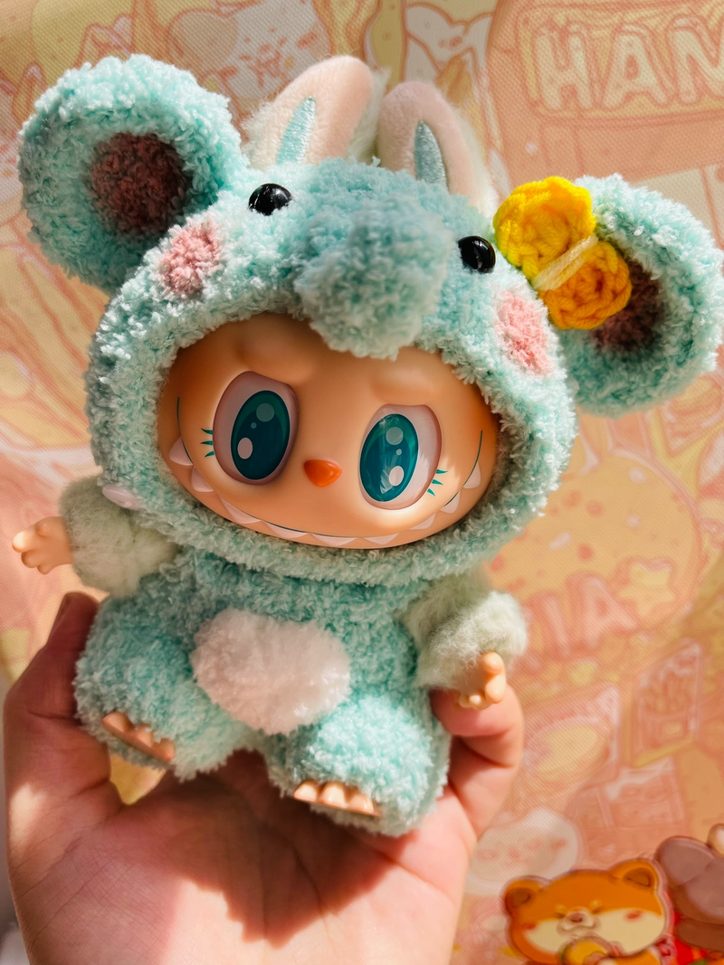 Whimsical Mint Green Labubu Outfit for Dolls – Plush Hat & Flower Accent - Image 1
