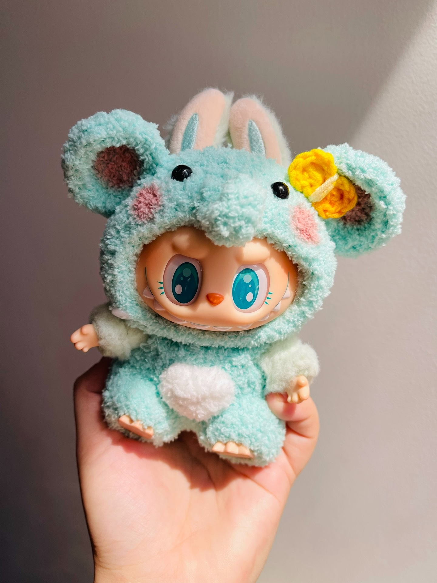 Whimsical Mint Green Labubu Outfit for Dolls – Plush Hat & Flower Accent - Image 2