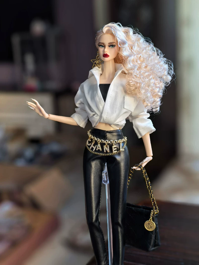 Stylish BJD 1/6 Doll Outfit: White Blouse, Leather Pants & Denim Vest with Designer Handbag - Image 1