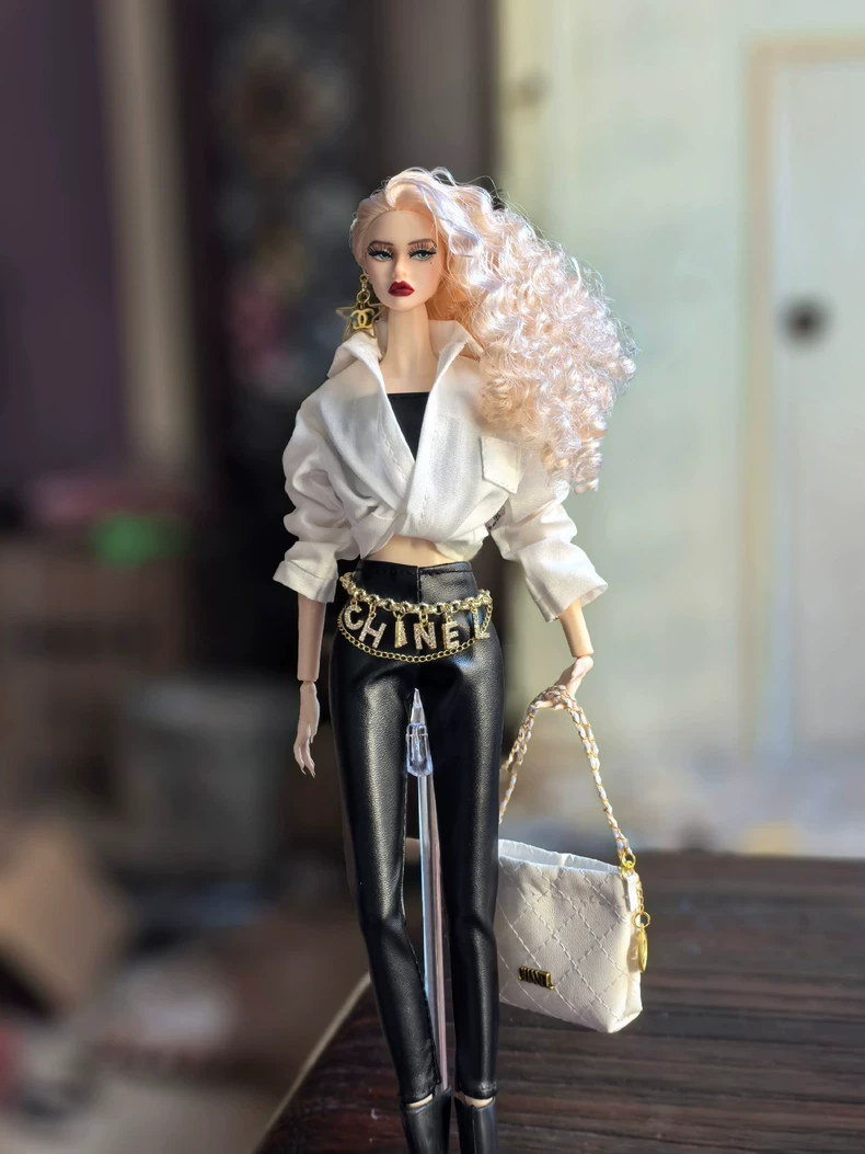 Stylish BJD 1/6 Doll Outfit: White Blouse, Leather Pants & Denim Vest with Designer Handbag - Image 3