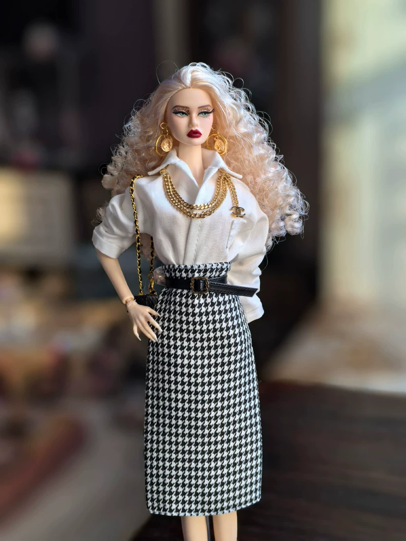 Vintage Elegance BJD Outfit: Black & White Houndstooth Set w/ Gold Accents - Image 3