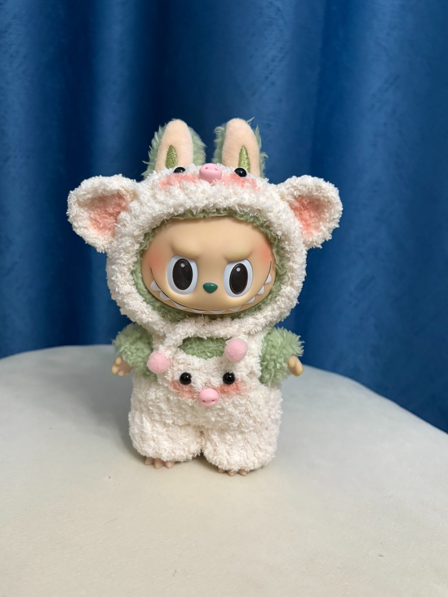 Adorable Plush LABUBU Doll Outfit: Soft Cream & Pastel Green Hooded Ensemble with Pink Accents - Image 1