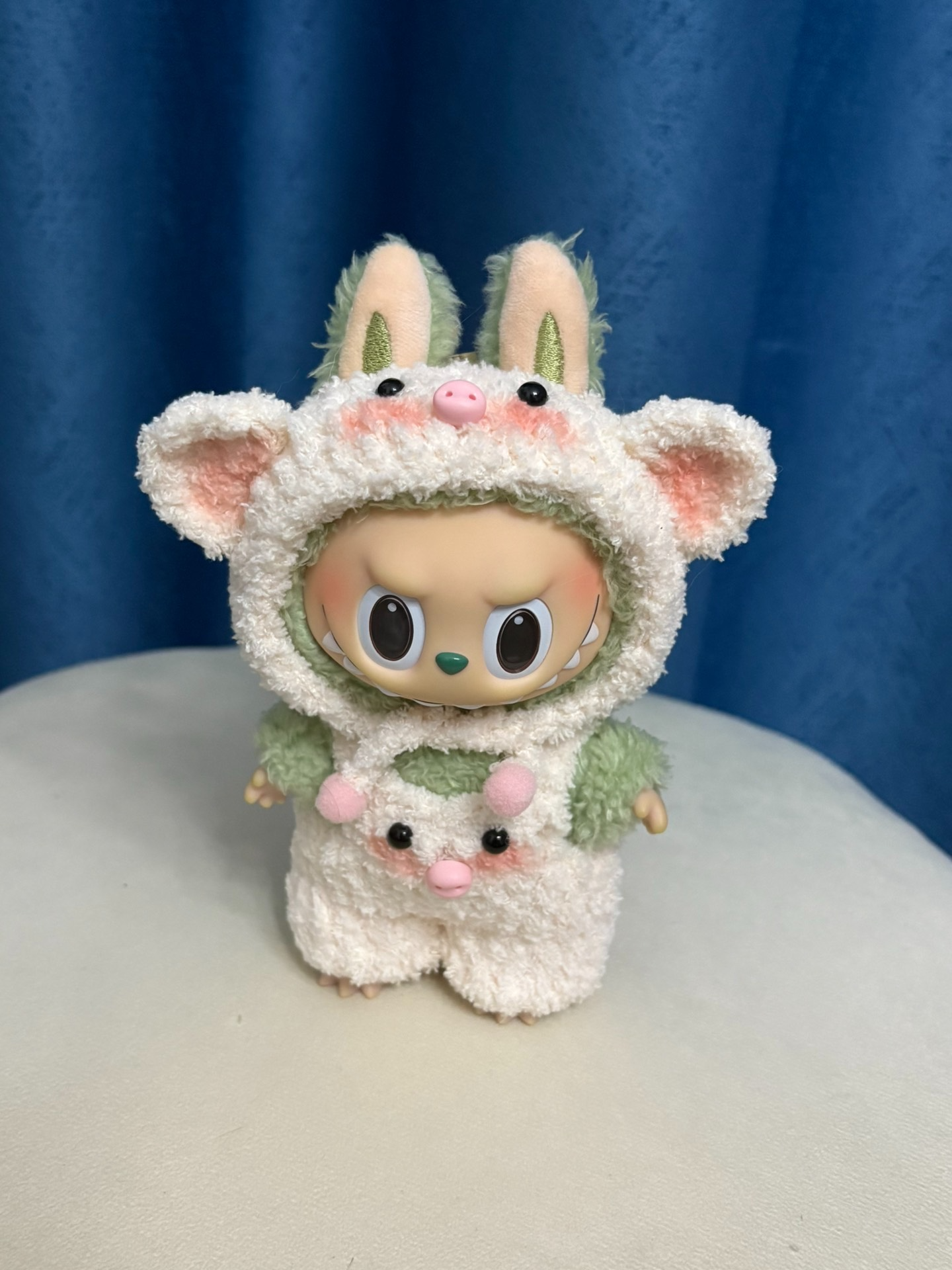 Adorable Plush LABUBU Doll Outfit: Soft Cream & Pastel Green Hooded Ensemble with Pink Accents - Image 2