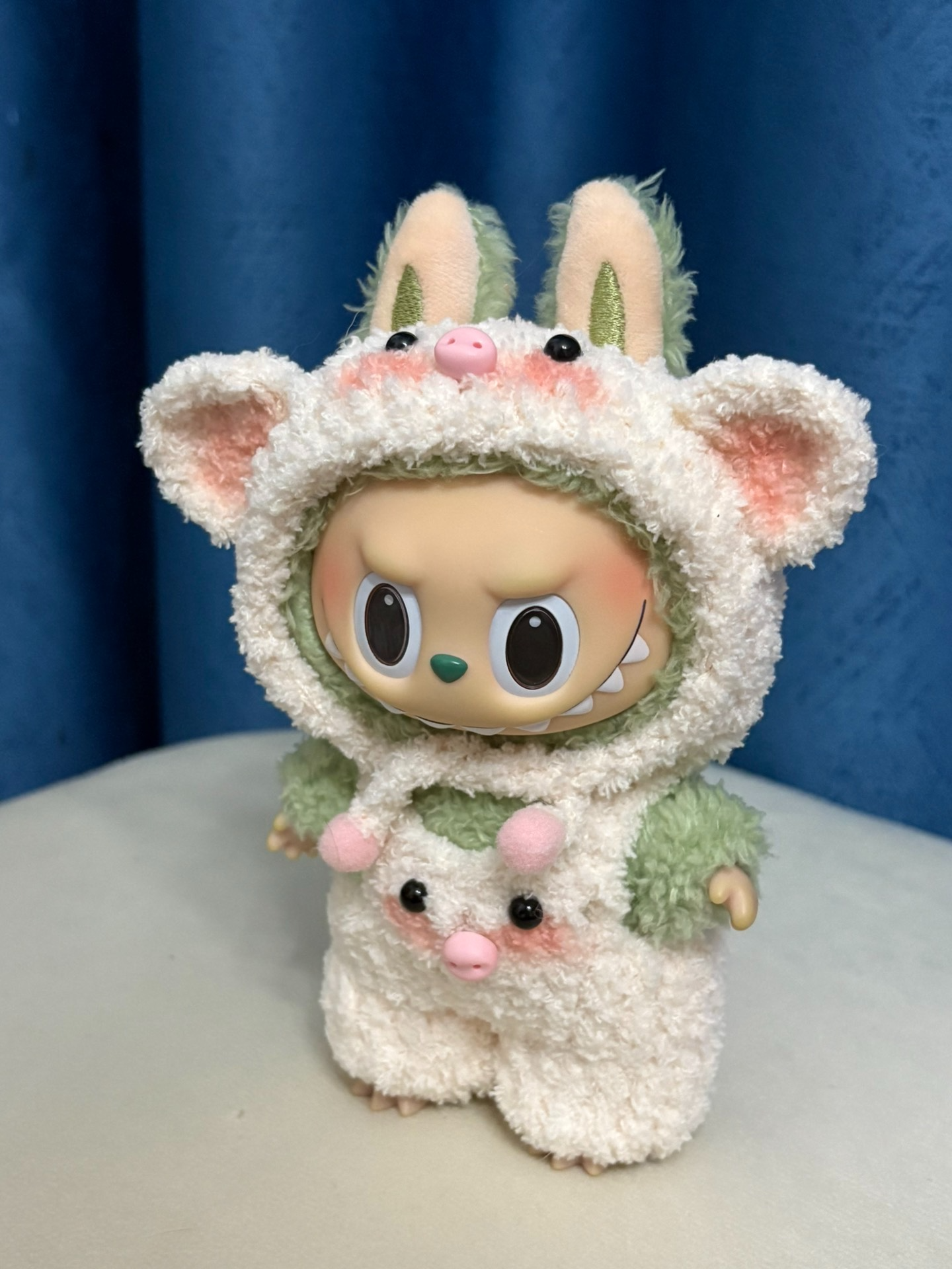 Adorable Plush LABUBU Doll Outfit: Soft Cream & Pastel Green Hooded Ensemble with Pink Accents - Image 3