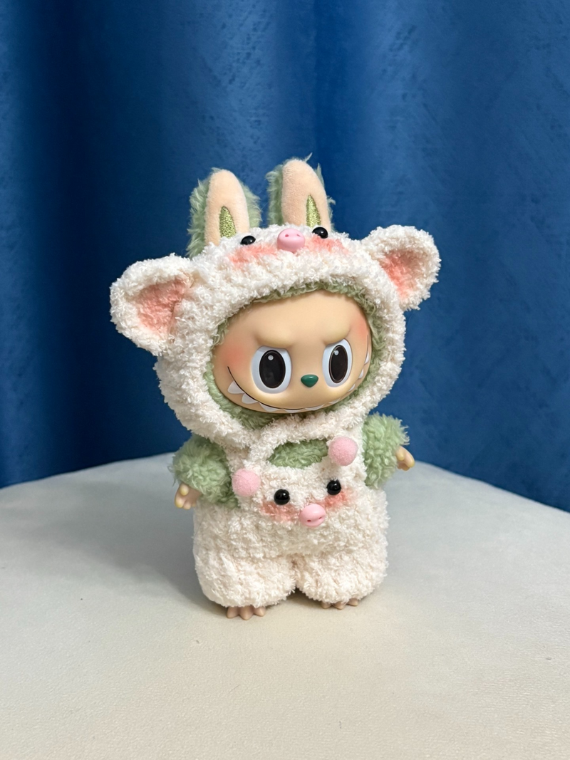 Adorable Plush LABUBU Doll Outfit: Soft Cream & Pastel Green Hooded Ensemble with Pink Accents - Image 4