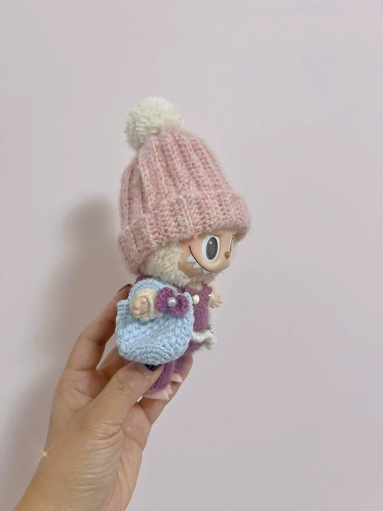 Charming Handcrafted Labubu Doll Outfit: Pink Hat, Purple Jumpsuit & Pastel Blue Handbag – Perfect for Collectors! - Image 2