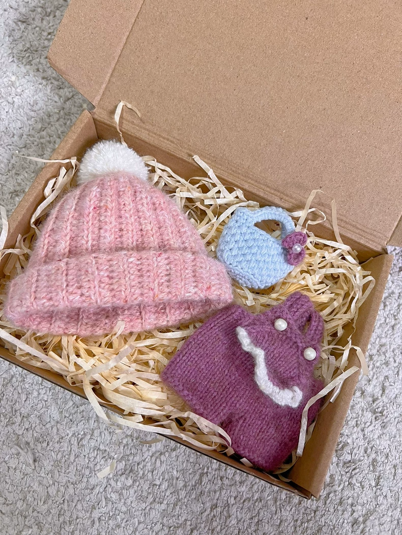 Charming Handcrafted Labubu Doll Outfit: Pink Hat, Purple Jumpsuit & Pastel Blue Handbag – Perfect for Collectors! - Image 3