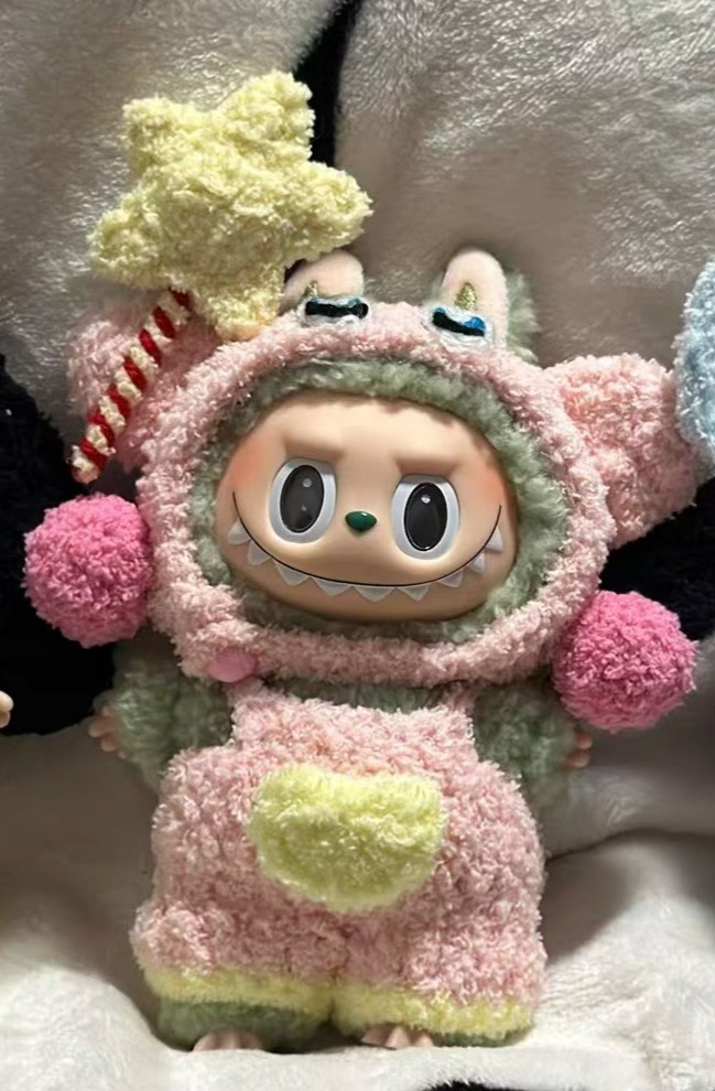 Whimsical Plush Labubu Doll Outfit – Kirby-Inspired Pastel Pink & Yellow Ensemble with Star Accessory - Image 1
