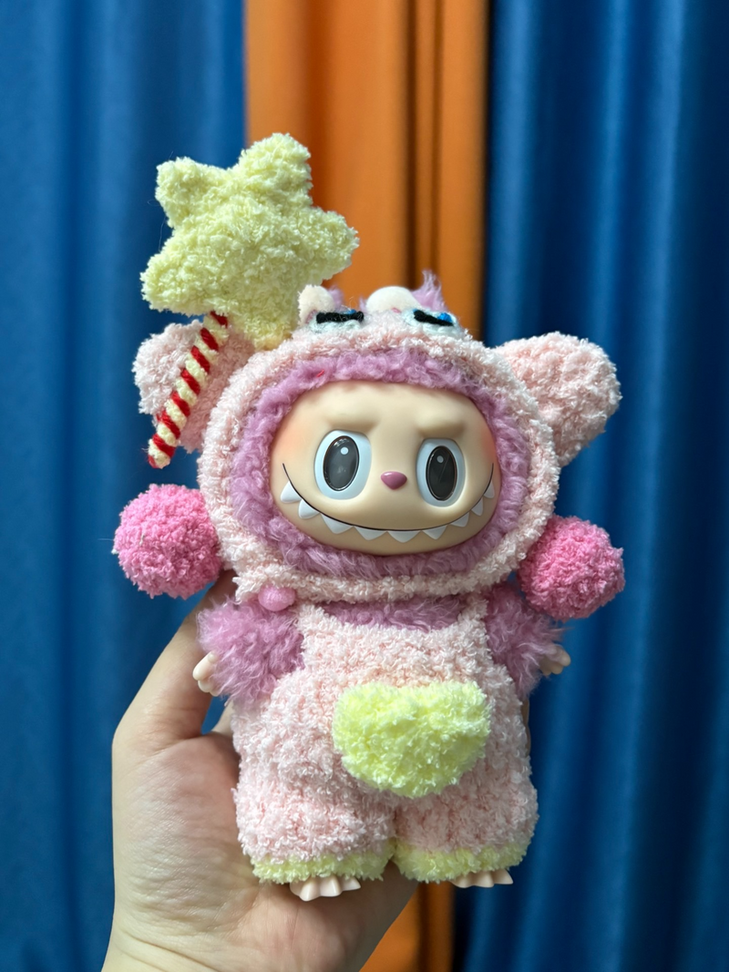 Whimsical Plush Labubu Doll Outfit – Kirby-Inspired Pastel Pink & Yellow Ensemble with Star Accessory - Image 2