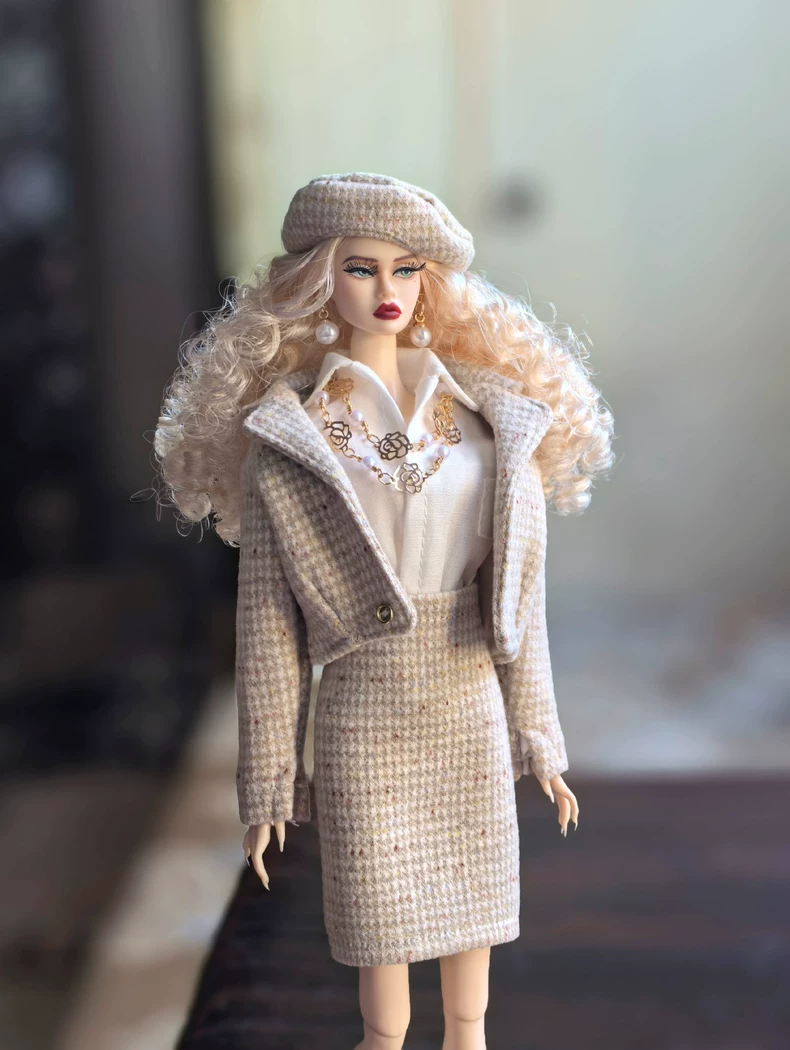 Elegant BLYTHE Wool Checkered Coat & Skirt Set - Beige Cream + Beret & Pearls - Image 1