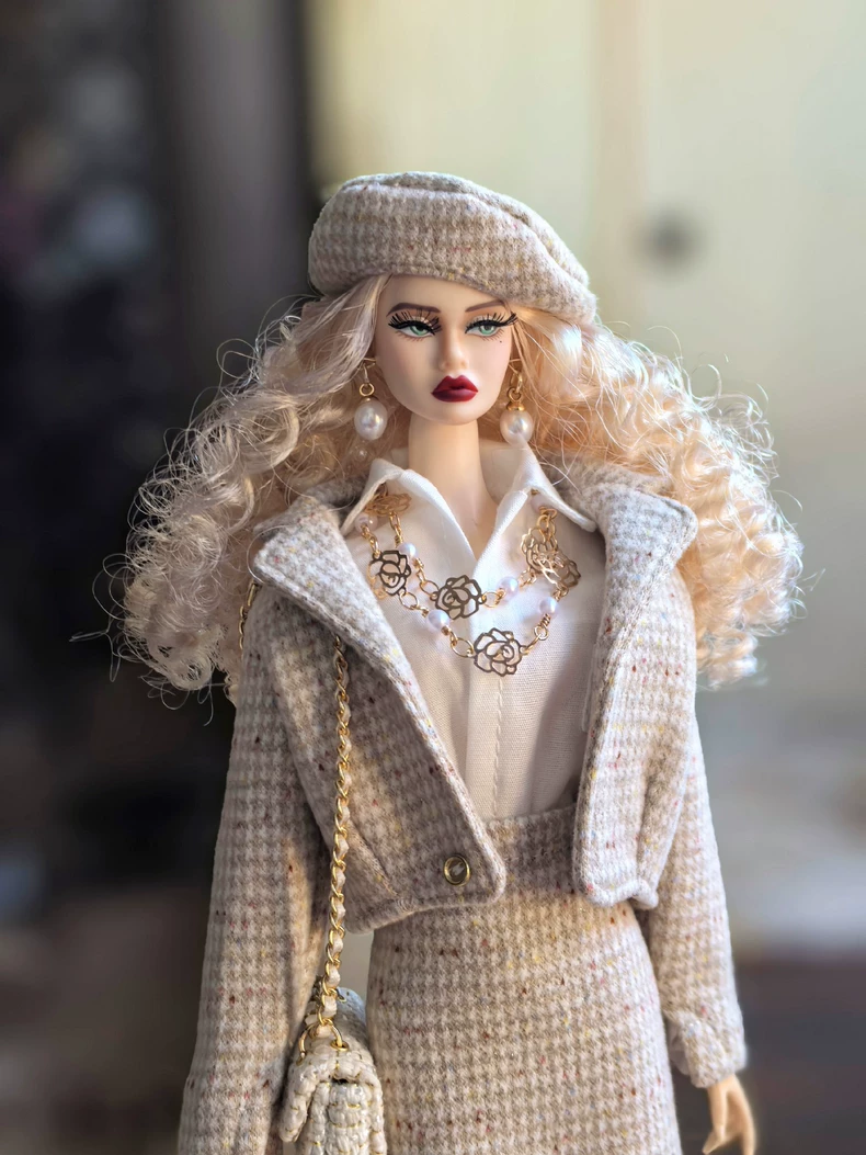 Elegant BLYTHE Wool Checkered Coat & Skirt Set - Beige Cream + Beret & Pearls - Image 3