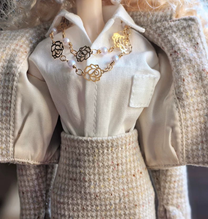 Elegant BLYTHE Wool Checkered Coat & Skirt Set - Beige Cream + Beret & Pearls - Image 4